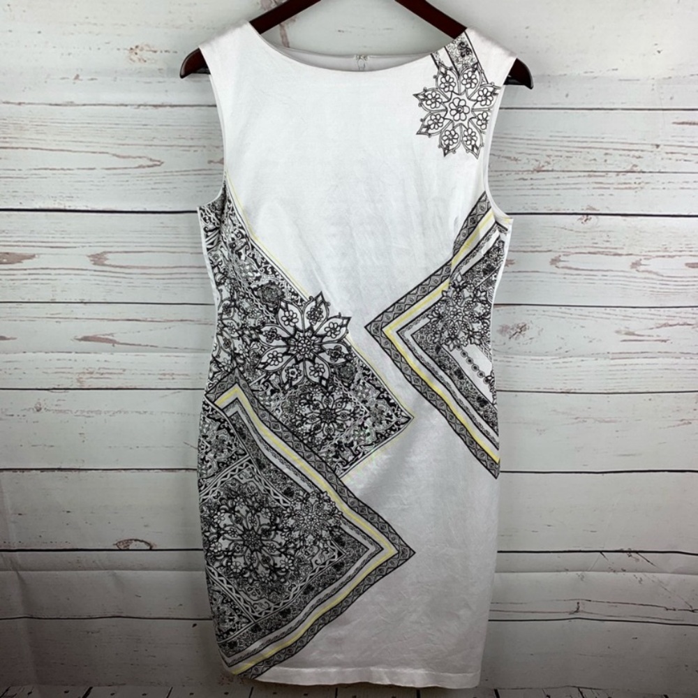 Cache | White Black Yellow Print sleeveless Sheath Dress 12